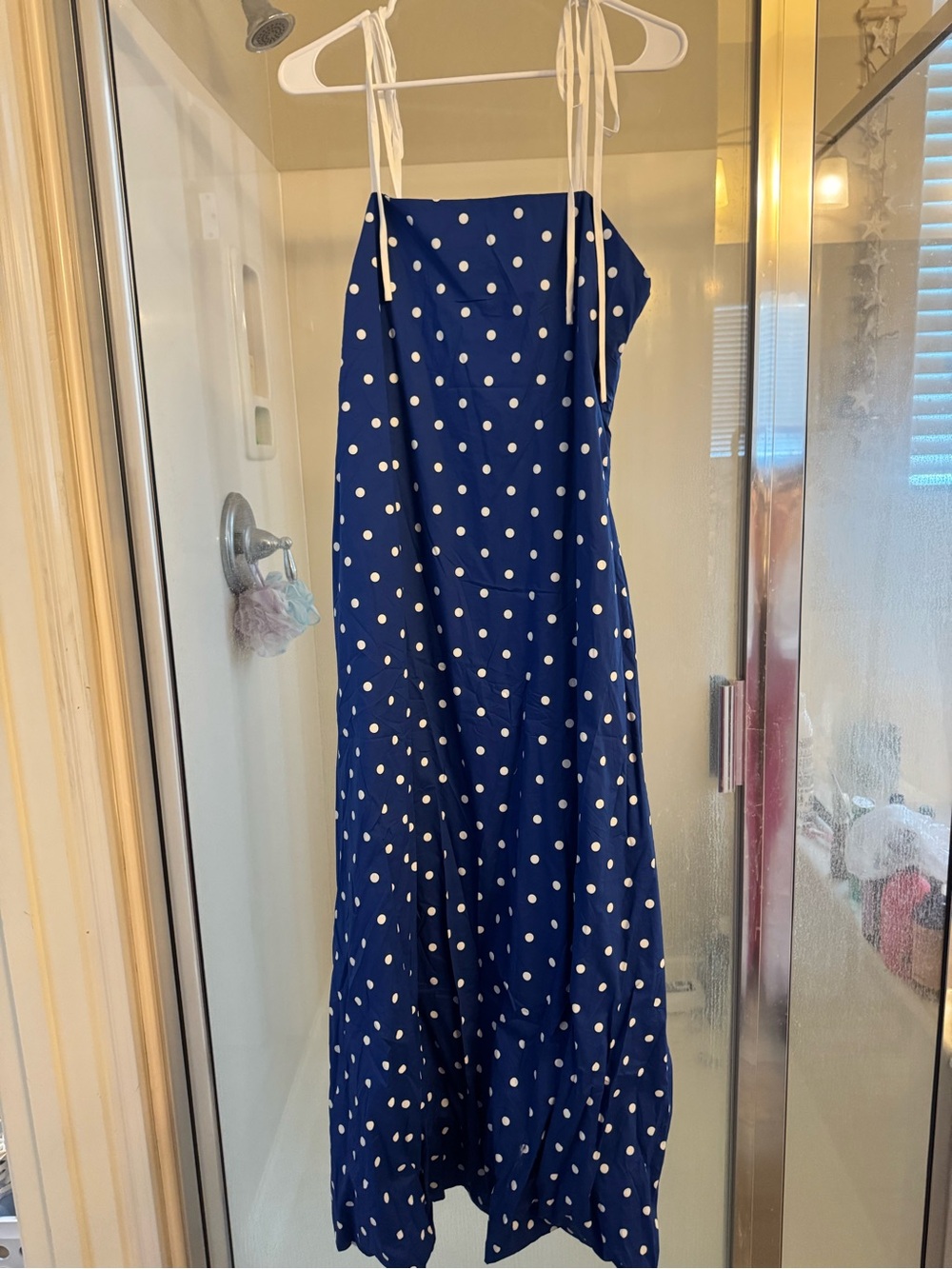 Polka Dot Navy Blue Maxi Dress with Tie Straps